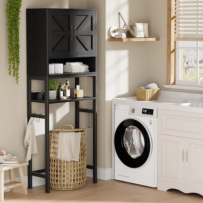 Over The Toilet Storage Cabinet - Bathroom Shelves Above Toilet Freestanding Organizer Shelf with Doors Narrow Floor Stand Rack Farmhouse Wood 71" Tall, Black