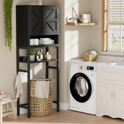 Over The Toilet Storage Cabinet - Bathroom Shelves Above Toilet Freestanding Organizer Shelf with Doors Narrow Floor Stand Rack Farmhouse Wood 71" Tall, Black