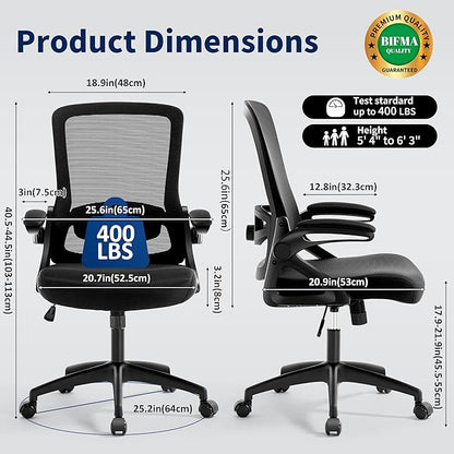 Ergonomic Office Chair, Desk Chair with Adjustable Lumbar Support, Breathable Mesh Comfy Computer Chairs with Flip-up Armrests Executive Task Chair for Adults Home Office(Black)