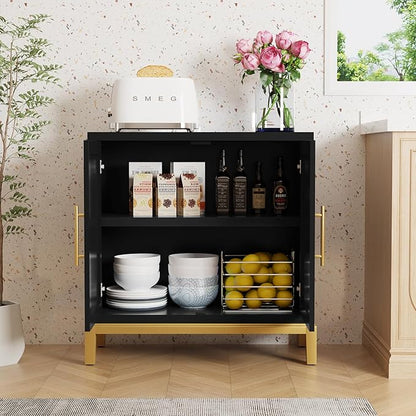 HLR Accent Cabinet with Gold Trim,Storage Cabinet with 2 Doors,Modern Wooden Sideboard for Living Room, Kitchen, Office and Hallway,Black