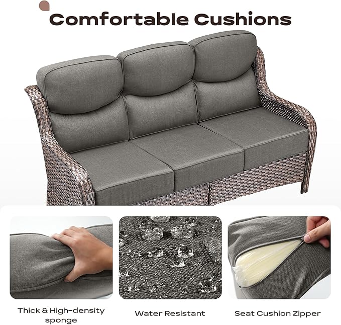 Rilyson Wicker Outdoor Patio Furniture Set - 5 Piece Patio Conversation Sets with Swivel Rocker Chairs, Ottomans and Sofa, 6 inch Cushions, Waterproof Wicker, for Porch Deck Brown/Grey