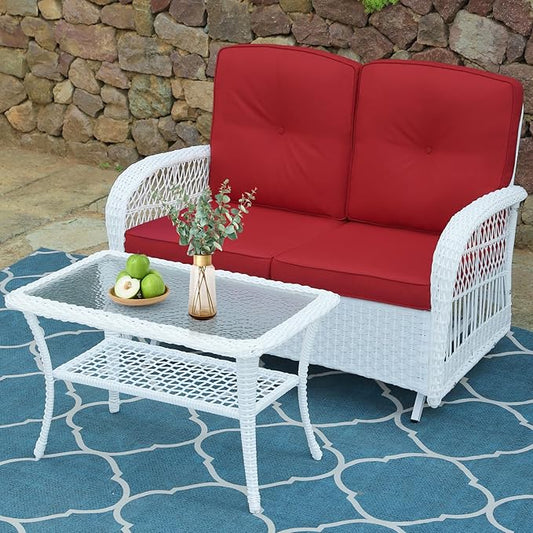 VIVIJASON 2-Piece Patio White Wicker Loveseat Glider Set Cushioned, Outdoor Conversation Furniture Sets with 2-Seater Glider Rocking Bench, Coffee Table and Cushions for Porch Garden Poolside, Red