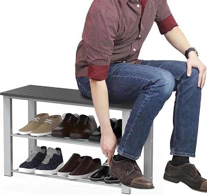 Simple Houseware Wood Top Shoe Storage Bench for Entryway, Grey