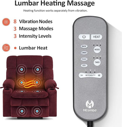 MCombo Dual Motor Power Lift Recliner Chair for Elderly, Lay Flat Lift Chair with Heat and Massage, Extra Wide Lift Recliner for Big People, Cup Holders, Fabric R7897 (Burgundy, Medium-Wide)