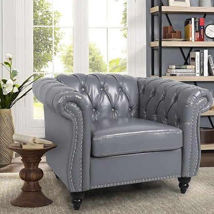 LEVNARY Leather Upholstered Armchair, Mid-Century Modern Single Sofa Chair with Rolled Arms and Nailhead, Tufted Pu Leather Chesterfield Chair for Home Bedroom Reading Room (Gray)