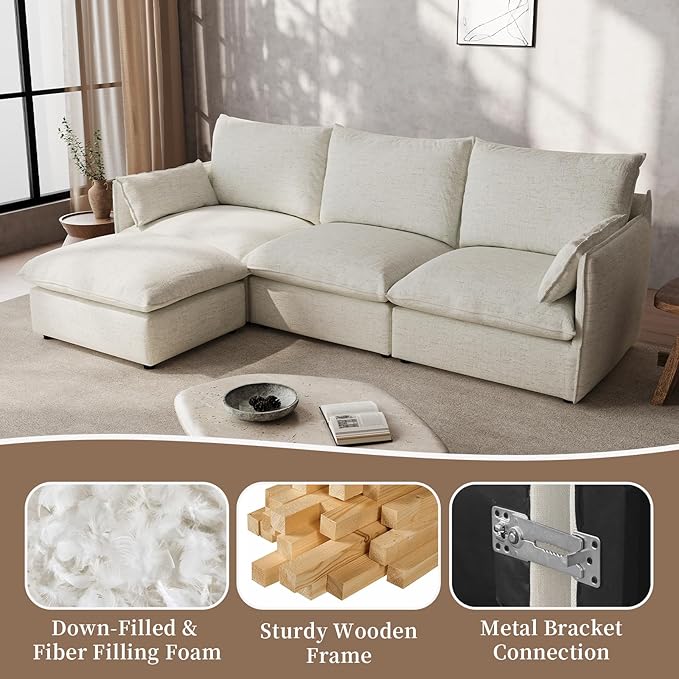 Waterproof Cloud Sectional Sofa for Living Room,High Backrest Down Filled Couch,5 Seater Oversized Modular V-Shaped Couches,Detachable Couch Covers,Cream White