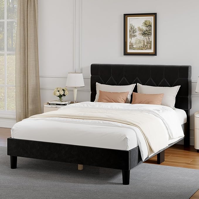 Novilla Queen Bed Frame with Headboard, Bed Frame Queen Size with Wood Slats Support, Velvet Upholstered Pull-Point Headboard, No Box Spring Needed, Heavy Duty Feet, Easy Assembly, Black Velvet