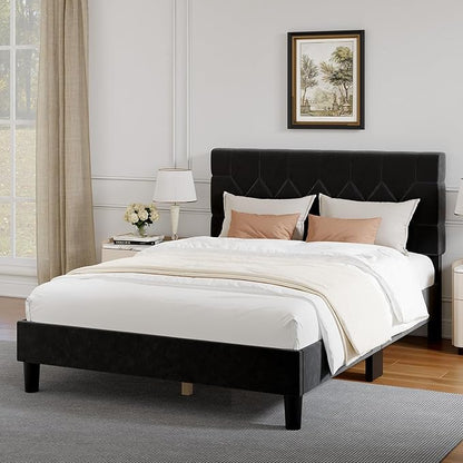 Novilla Queen Bed Frame with Headboard, Bed Frame Queen Size with Wood Slats Support, Velvet Upholstered Pull-Point Headboard, No Box Spring Needed, Heavy Duty Feet, Easy Assembly, Black Velvet