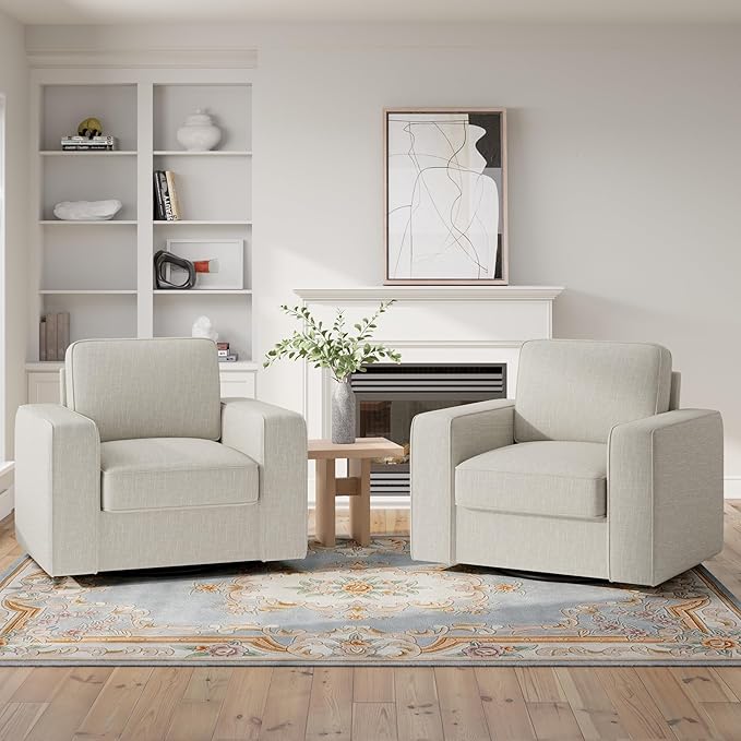 360 Degree Rotation Swivel Accent Sofa Chairs Set of 2, 36'' Width Oversized Armchairs Linen Living Room,Reading-Khaki