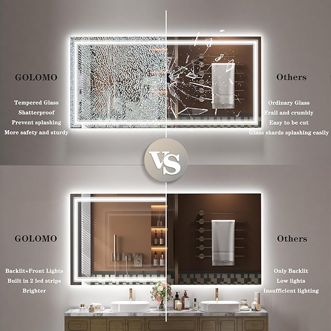 66x36 LED Bathroom Mirror, Lighted Mirror for Bathroom Wall, Backlit and Front lit, Dimmable, Anti-Fog, Shatterpoof, Memory (Horizontal/Vertical)