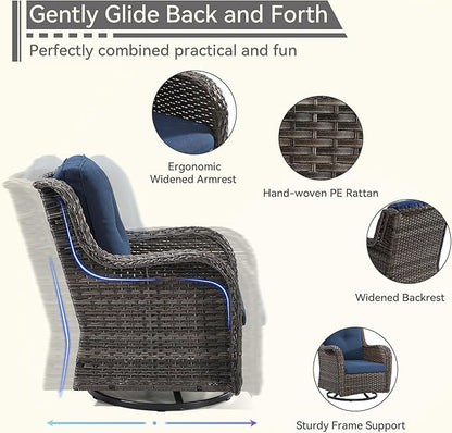 6 Pieces Outdoor Furniture Set - Patio Wicker Swivel Rocker Chair Set of 4 and 2 Side Table, Blue, Mixed Brown Rattan, Suitable for Porch, Yard