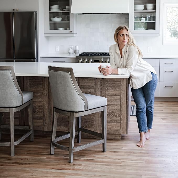Maven Lane Vienna Counter Stools 26 Inches – Set of 4 – Swivel Stools with Footrests – Grey Solid Wood and Grey Fabric Upholstery – Ideal for Kitchen Islands and Counters