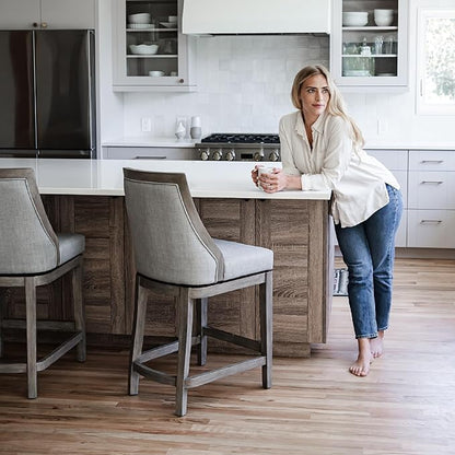 Maven Lane Vienna Counter Stools 26 Inches – Set of 3 – Swivel Stools with Footrests – Grey Solid Wood and Grey Fabric Upholstery – Ideal for Kitchen Islands and Counters