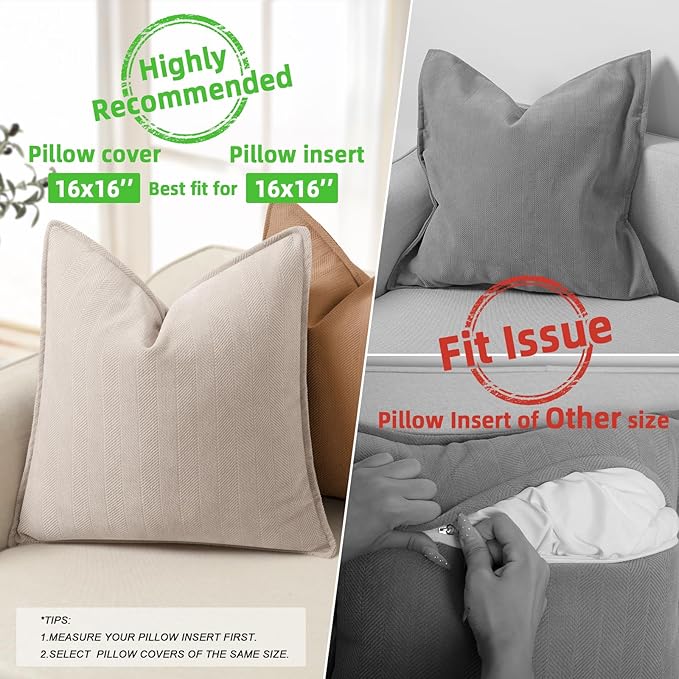 ZWJD Beige Pillow Covers 16x16 Set of 2 Chenille Throw Pillow Covers with Elegant Design Soft and Luxurious Decorative Throw Pillows for Couch, Bed, and Home Decor