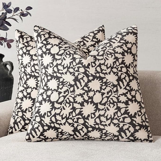 Foindtower Set of 2 Decorative Neutral Floral Throw Pillow Covers Accent Farmhouse Cushion Covers Boho Vintage Pillowcase for Couch Sofa Bedroom Living Room Home Decor18×18 Inch,Black