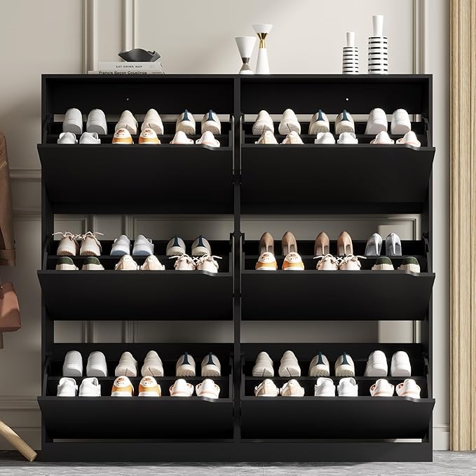 Shoe Storage Cabinet for Entryway with 6 Flip Drawers, Sturdy Wood Hidden Shoe Storage, Freestanding Narrow Slim Shoe Organizer for Front Door Entrance, Living Room, Hallway, Bedroom, Black