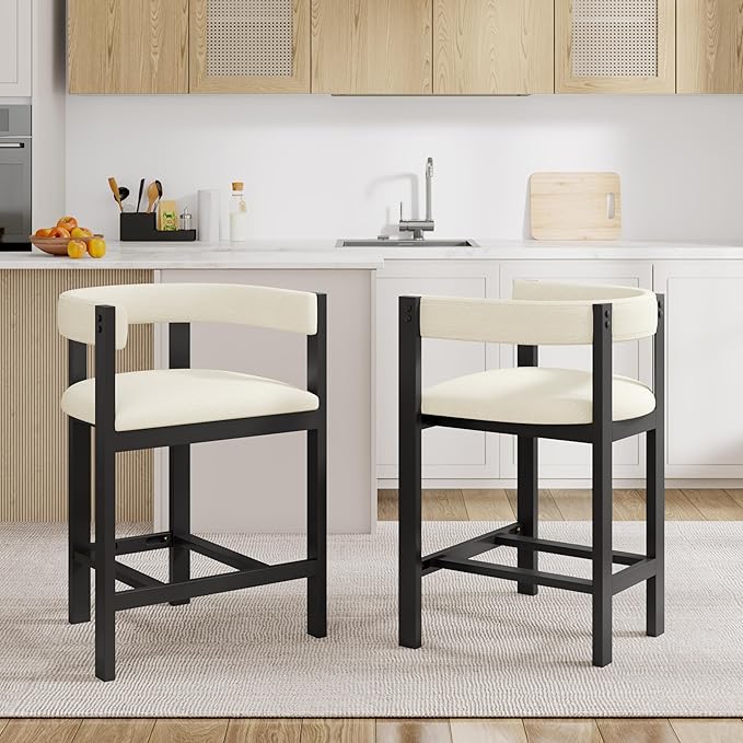 Christopher Knight Home Set of 2 Rylan Modern U-shape Fabric Upholstered Dining Room Counter Height Barstools,Kitchen Island Rubberwood Counter Stool,Armchair with Footrest+Curved Backrest,Beige+Black