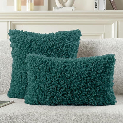 FUTEI Teal Decorative Throw Pillow Covers 24x24 Inch Set of 2,Soft Fluffy Faux Wool Fur Boucle Textured European Cushion Case,Modern Home Decor for Couch Bed Living Room Office