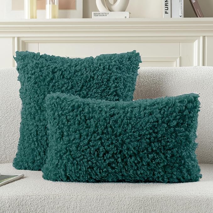 FUTEI Teal Decorative Throw Pillow Covers 18x18 Inch Set of 2,Soft Fluffy Faux Wool Fur Boucle Textured Cushion Case,Modern Home Decor for Couch Bed Living Room Office