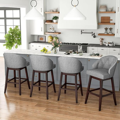 COSTWAY Bar Stools Set of 4, 31’’ Swivel Bar Stools with Rubber Wood Legs & Padded Back, Breathable Linen Fabric, Stylish Tufted Design & Rivet Decoration, Adjustable Foot Pads (4, Grey + Brown)