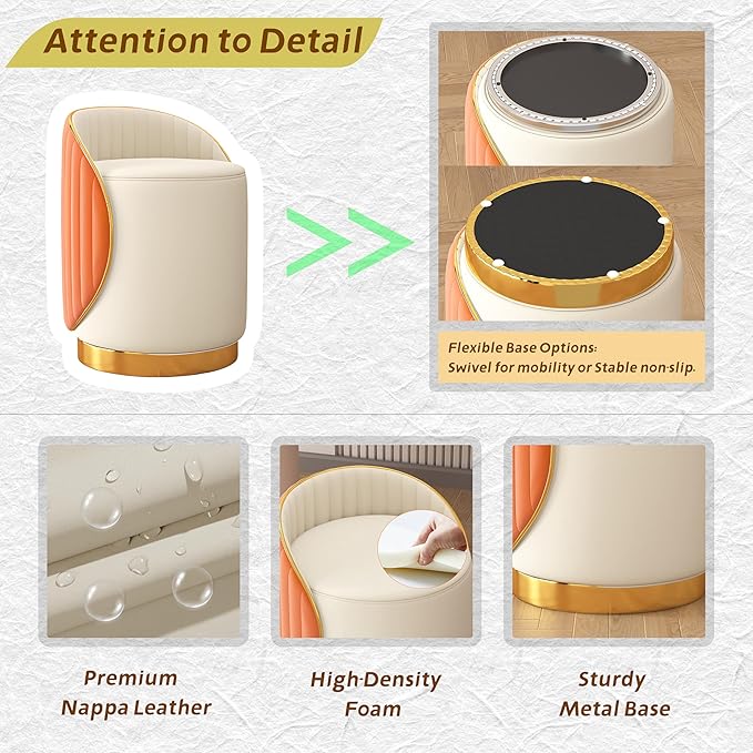 Swivel Round Vanity Stool - with Back Modern Comfy Vanity Chair/upholstered Ottoman Living Room Bedroom Makeup Chair,Brown