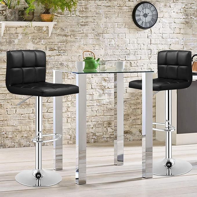 COSTWAY Bar Stools Set of 2, Modern Swivel Adjustable Height PU Leather Barstools with Back, Square Armless Counter Height 2-Pack Bar Chair for Kitchen Island Dining Living Bistro Pub Counter, Black