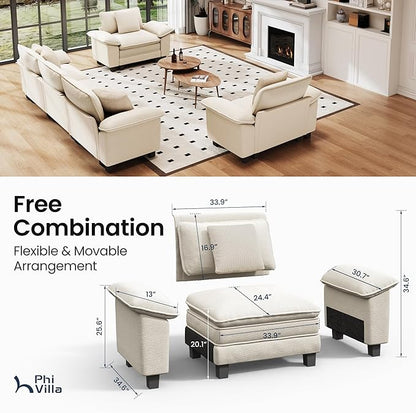 PHI VILLA Cloud Modular Couches Sets, 3 Pieces Large Sectional Sofa Set with Single Sofa, 5-Seater Upholstered Couch for Living Room, Chenille Fabric, Beige