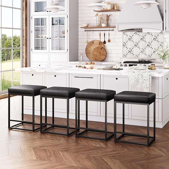 ALPHA HOME 24 Inch Counter Height Bar Stools Set of 4, Upholstered Bar Stools for Kitchen Island, Counter Stools with Faux Leather Cushion and Sturdy Metal Frame, Modern Barstools, Black