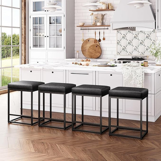 ALPHA HOME 24 Inch Counter Height Bar Stools Set of 4, Upholstered Bar Stools for Kitchen Island, Counter Stools with Faux Leather Cushion and Sturdy Metal Frame, Modern Barstools, Black