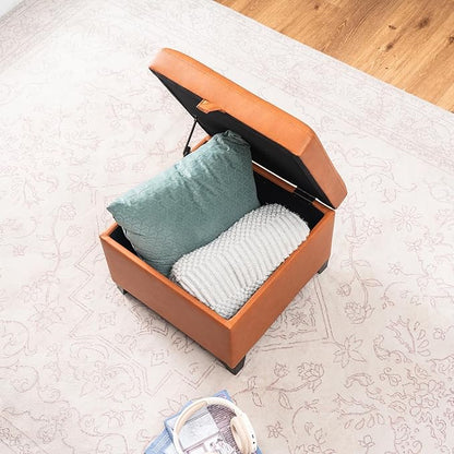 Asense 17 Inch Storage Ottoman Foot Rest,Square Faux Leather Foot Stool,Small Ottoman with Storage,Padded Seat for Entryway,Living Room,Bedroom,Couch,Under Desk,Brown