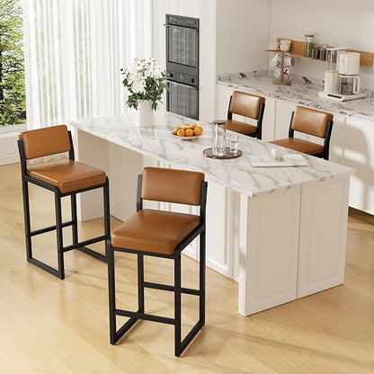 Bar Stools Set of 3, Faux Leather Counter Height Bar Stools with High Back and Metal Legs, Upholstered Bar Chairs, 26" Modern Barstools for Kitchen Island, Caramel