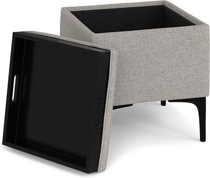 SIMPLIHOME Natasha 18 inch Wide Mid Century Square Mid Century Storage Ottoman with Tray in Cloud Grey Polyester Linen, Assembled, For the Living Room, Entryway and Family Room