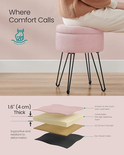 SONGMICS Vanity Stool Chair, Small Ottoman Stool with Storage, Vanity Chair, 15.4 Dia. x 17.4 Inches, 4 Metal Legs, for Makeup Room, for Living Room, Bedroom, Jelly Pink ULOM002R01