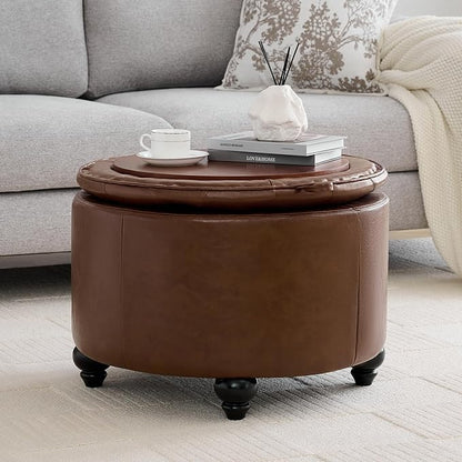 24Inch Round Storage Ottoman with Tray, Modern Tufted Leather Circle Coffee Table with Storage, Upholstered Ottoman with Removable Top for Living Room, Bedroom, Leather Coffee