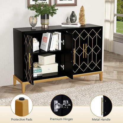 HLR Accent Cabinet with 4 Doors&Shelves, Sideboard Buffet Cabinet with Gold Trim, Modern Black Storage for Living Room, Entryway, Kitchen, Dining Room, Hallway