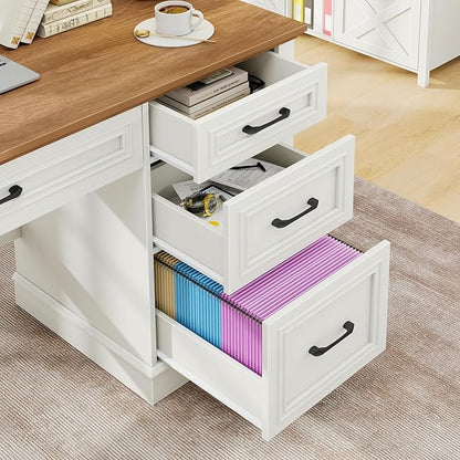 Vabches Farmhouse 47" Executive Desk, Computer Desk with Drawers and File Drawer, Workstation Computer Desk with Charging Station for Home Office,Study,Unique White.