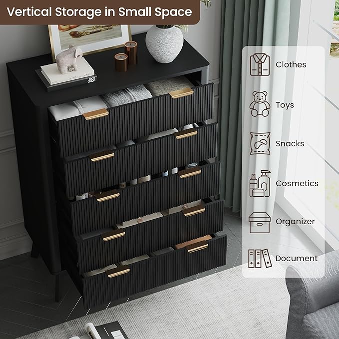 SUNWAVE Fluted 5 Drawer Dresser for Bedroom, 43.3" Tall Dressers with Round Corner, Mid-Century Modern Wood Chest for Living Room, Entry