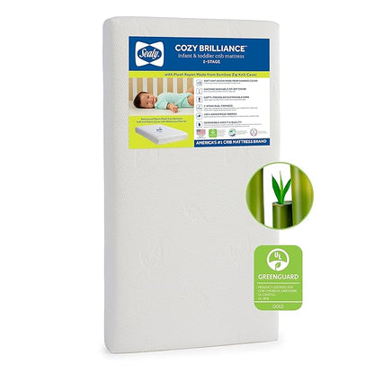 Sealy Baby Cozy Brilliance Breathable Crib Mattress, GREENGUARD GOLD Certified, Made in USA, Firm Dual Firmness, Toddler Bed Fit, Rayon, Waterproof, Non Toxic, Washable Zip Cover, 52” x 28