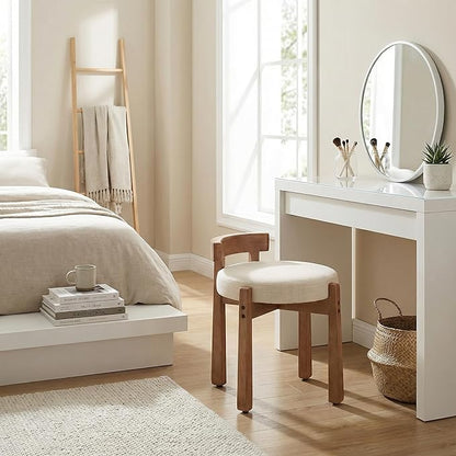 HNY Modern Linen Ottoman- Low-Back Makeup Seat & Lounge Footrest with Solid Wood Frame, Casual Style for Bedroom Dressing Area, Beige