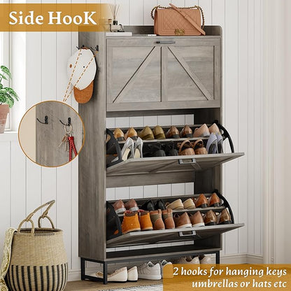 Shoe Cabinet Storage for Entryway, Shoe Storage Cabinet with 3 Flip Drawers, Freestanding Narrow Shoe Rack Organizer with Metal Legs & Side Hook for Foyer, Hallway, Grey