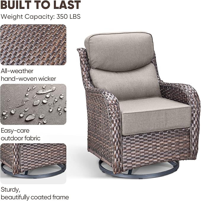 Swivel Patio Chairs sofa Set of 4 with 6" Thick Cushion - Wicker Outdoor Swivel Rocker Patio Chair with Side Table, High Back Comfortable Outdoor Glider Chairs - Brown Wicker | Grey Cushions