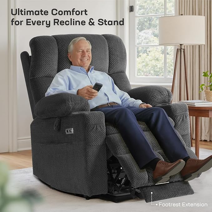 Tami Tami Dual Motor Power Lift Chair Recliner for Elderly with Massage and Heat, Infinite Position Electric Lift Recliner with Adjustable Headrest, USB (T6015 - Plush Fabric, Medium, Dark Gray)