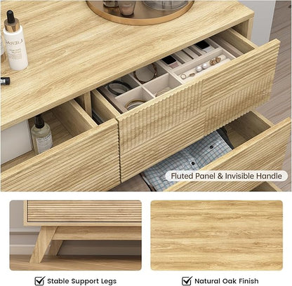 Hadulcet Fluted 6 Drawers Dresser for Bedroom, Modern Minimalist Style, 47” Wide Handleless Chest of Drawers, Wooden Dresser TV Stand, Closet Clothes Storage Organizer for Hallway, Natural Oak