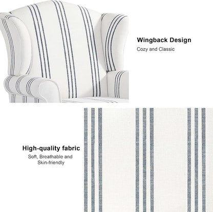 Accent Chair Set of 2, High Back Upholstered Armchair with High Resilience Sponge & Wood Legs, Mid-Century Modern Comfy Single Sofa Reading Chairs for Living Room, Bedroom-Stripe Navy