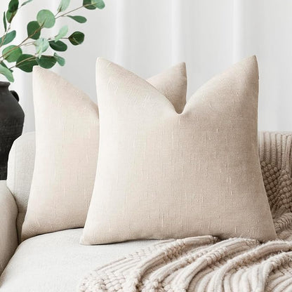 Foindtower Pack of 2 Soft Textured Throw Decorative Pillow Covers Square Accent Solid Cushion Cover Cozy Farmhouse Pillow Case with Zipper for Couch Sofa Bedroom Living Room 18x18 Inch, Light Beige