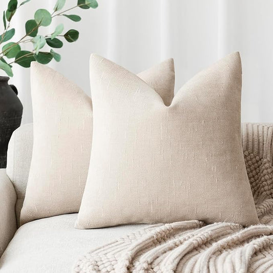 Foindtower Pack of 2 Soft Textured Throw Decorative Pillow Covers Square Accent Solid Cushion Cover Cozy Farmhouse Pillow Case with Zipper for Couch Sofa Bedroom Living Room 22x22 Inch, Light Beige