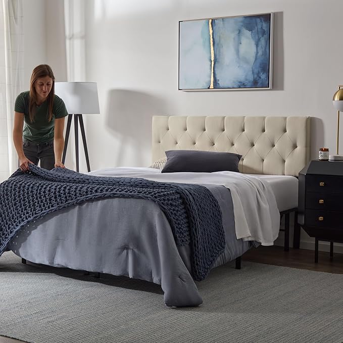 Lucid Mid-Rise Upholstered Headboard - Diamond Tufted - Padded Polyester - Adjustable Height from 34” to 46” - Easy Assembly - Bed Frame or Wall Mount - Sturdy - Pearl - Queen Size