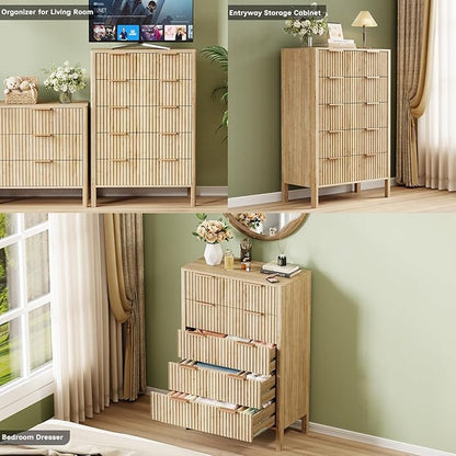 47" Tall Dressers for Bedroom Fluted 5 Drawer Dresser, Wooden Dresser Modern Chest of Drawers Dressers with Organizer Storage for Bedroom, Living Room, Entryway, Oak