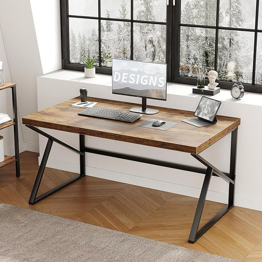 HSH Rustic Brown Desk, Industrial Home Office Computer Desk, Farmhouse Metal and Wood Computer Table, Simple Bedroom Laptop PC Desk for Student Writing Study Gaming Executive Workstation, 55 in