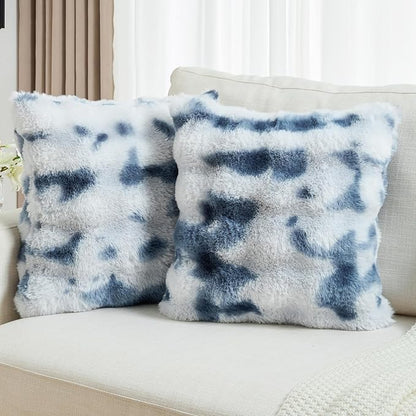 FUTEI Blue White Decorative Throw Pillow Covers 22x22 Inch Set of 2,Soft Fuzzy Faux Rabbit Fur Cushion Covers with Raised Texture,Neutral Boho Home Decor for Couch Bed Living Room